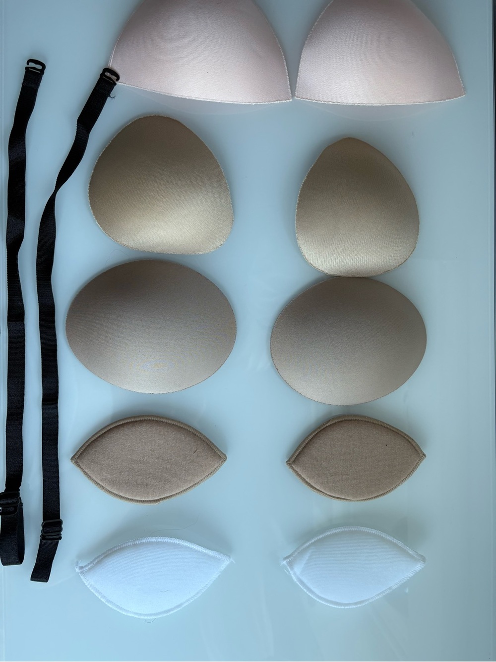 Removable Bra Cups and Inserts Set 
in Nude, White, plus  Black bra Straps